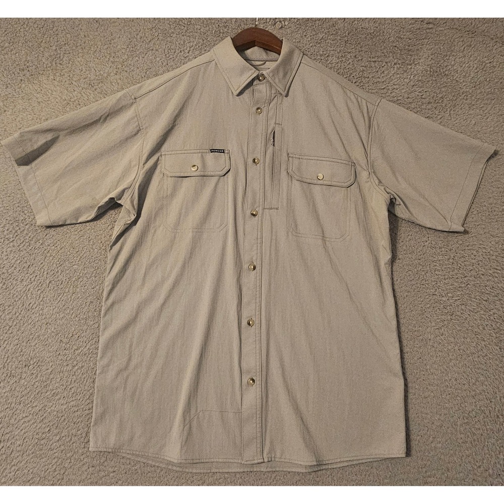 Poncho Outdoors Mens Small Regular Fit Short Sleeve Fishing Shirt Tan Magnetic